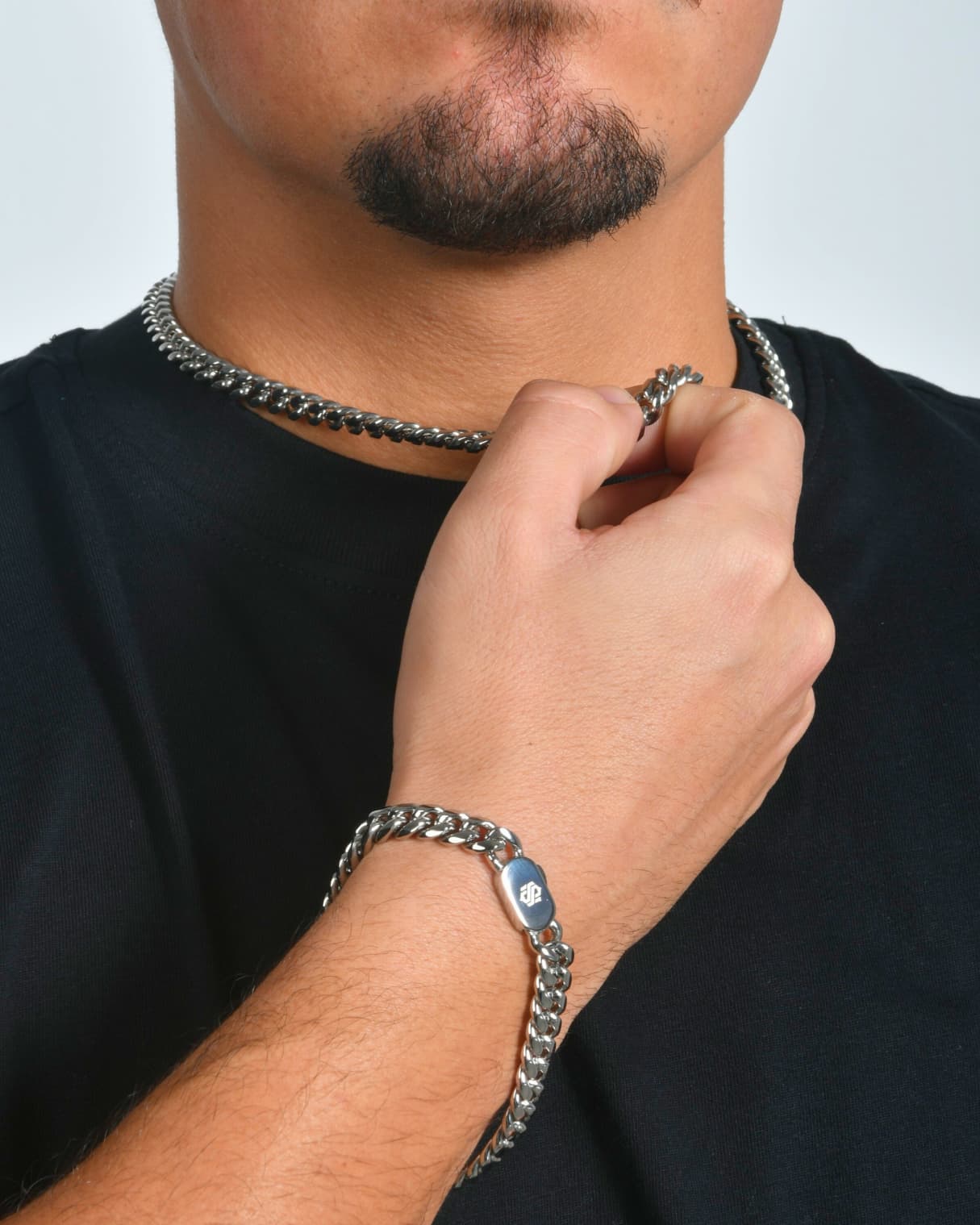 CONJUNTO DE CADENA CUBANA 8MM + PULSERA CUBANA 8MM - ORO BLANCO