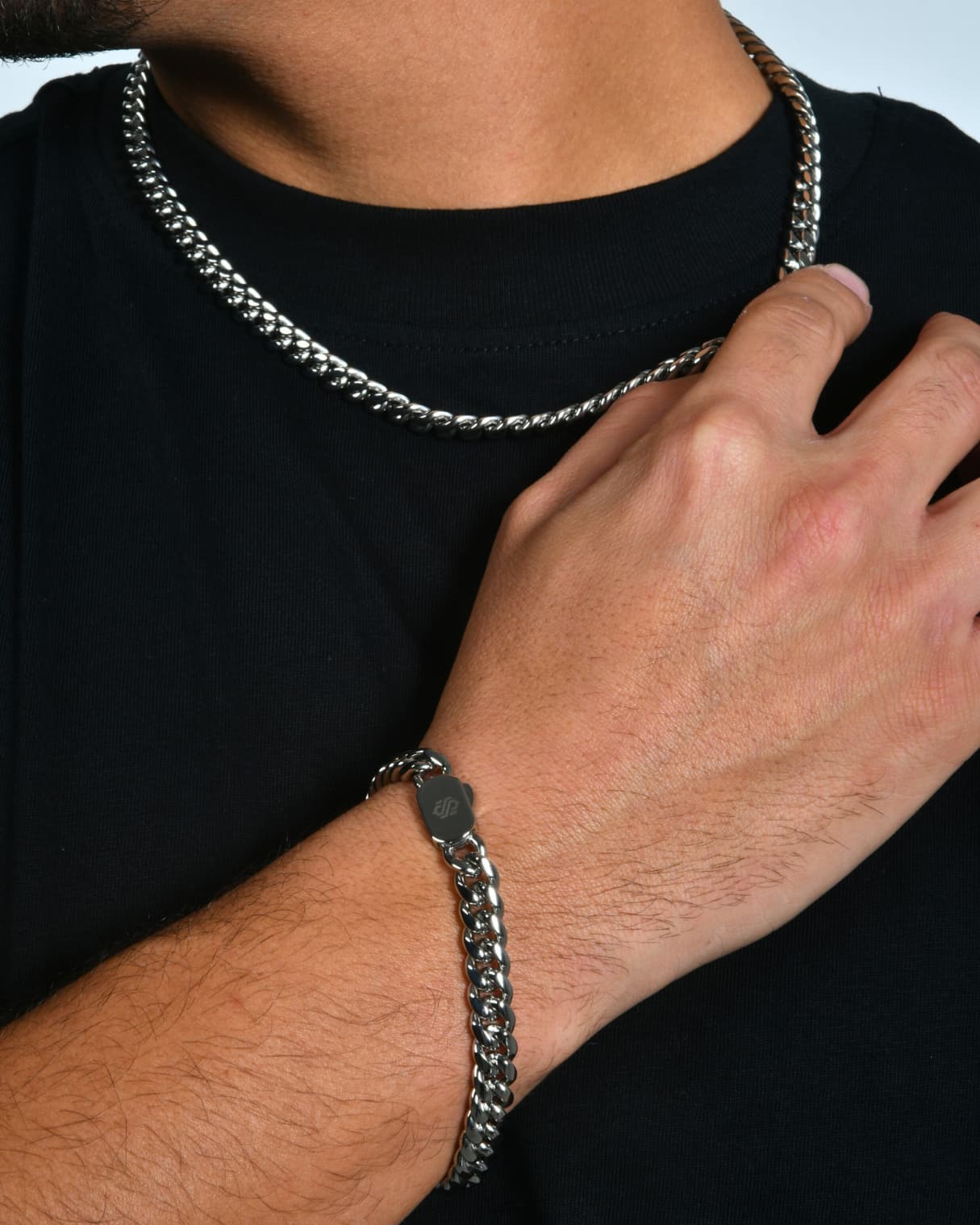 CONJUNTO DE CADENA CUBANA 8MM + PULSERA CUBANA 8MM - ORO BLANCO