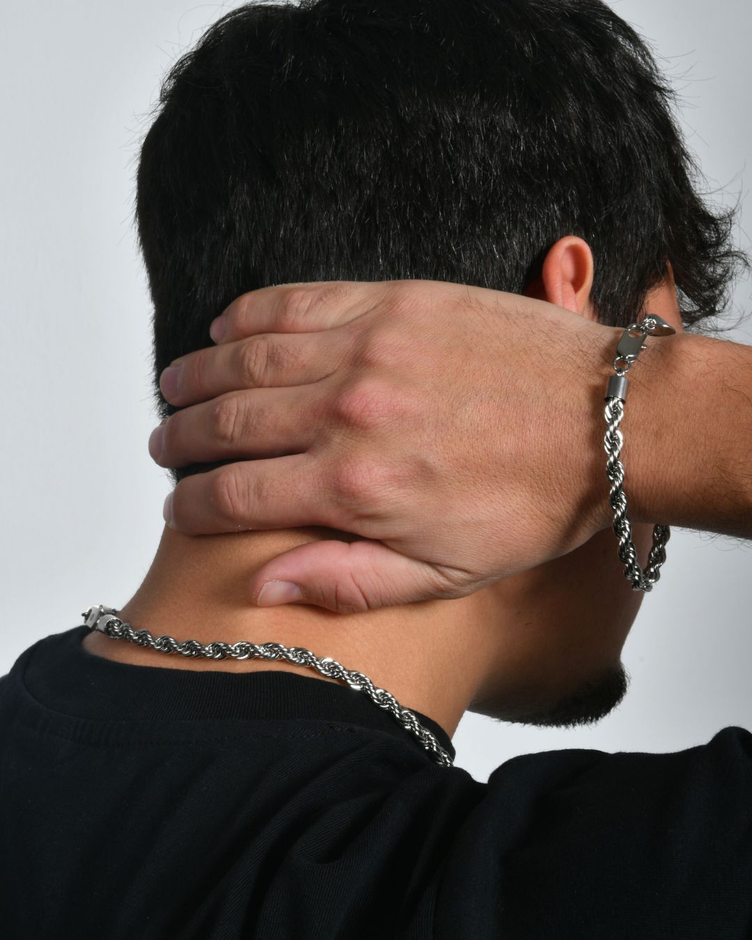 CONJUNTO DE CADENA DE CUERDA 5MM + PULSERA DE CUERDA 5MM - ORO BLANCO